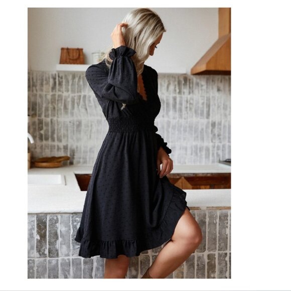 SHEIN Frenchy Swiss Dot Flounce Sleeve Guipure Lace Trim Shirred Dress L - Picture 4 of 14